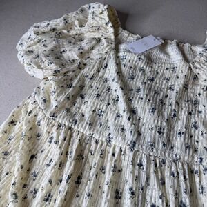 Beryl Womens 1X Cream Blue Floral Smocked Puff Sleeve Babydoll Dress Cottagecore